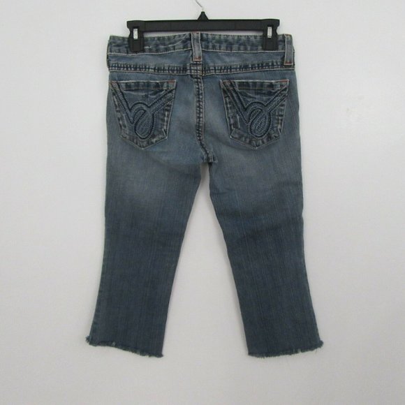 BEBE Kayla Blue Distressed Fryed Capri Hem Jeans - Picture 3 of 9